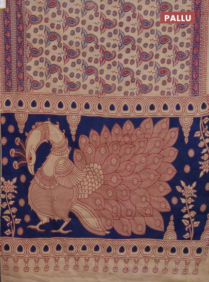 Kalamkari cotton saree beige and blue with allover prints and printed border