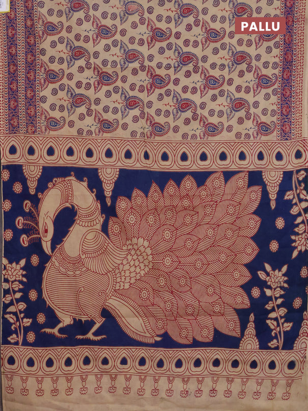 Kalamkari cotton saree beige and blue with allover prints and printed border