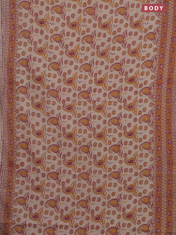 Kalamkari cotton saree beige and orange with allover prints and printed border