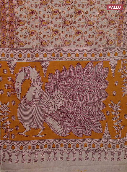 Kalamkari cotton saree beige and orange with allover prints and printed border