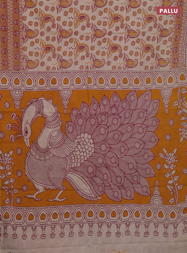 Kalamkari cotton saree beige and orange with allover prints and printed border