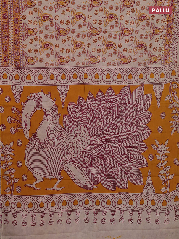 Kalamkari cotton saree beige and orange with allover prints and printed border