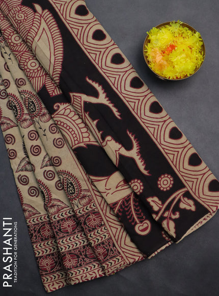 Kalamkari cotton saree beige and maroon with allover prints and printed border