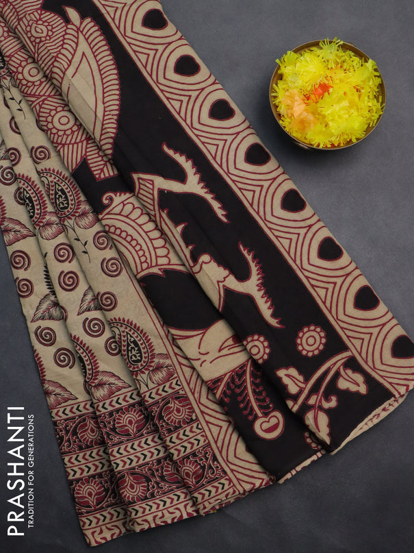 Kalamkari cotton saree beige and maroon with allover prints and printed border