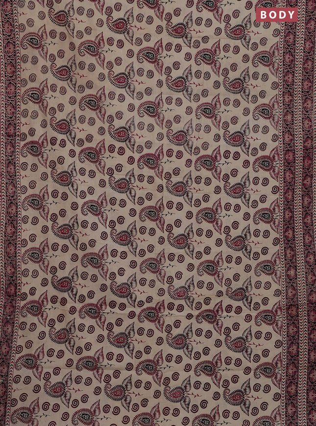 Kalamkari cotton saree beige and maroon with allover prints and printed border
