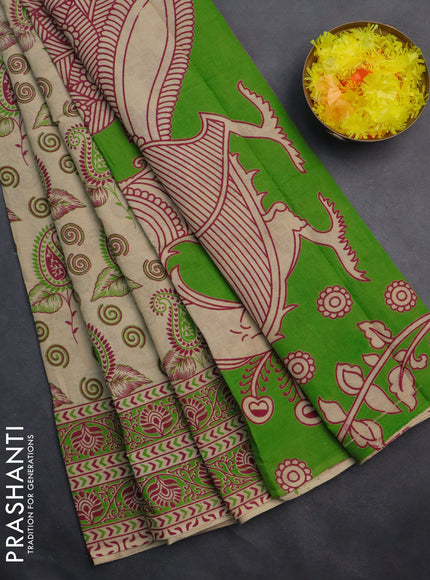 Kalamkari cotton saree beige and green with allover prints and printed border