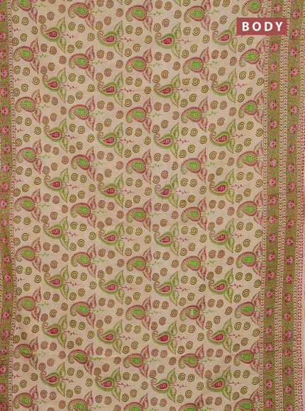 Kalamkari cotton saree beige and green with allover prints and printed border