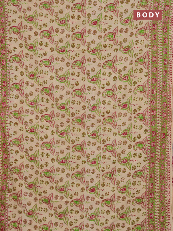 Kalamkari cotton saree beige and green with allover prints and printed border