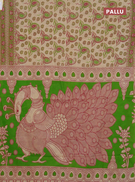 Kalamkari cotton saree beige and green with allover prints and printed border