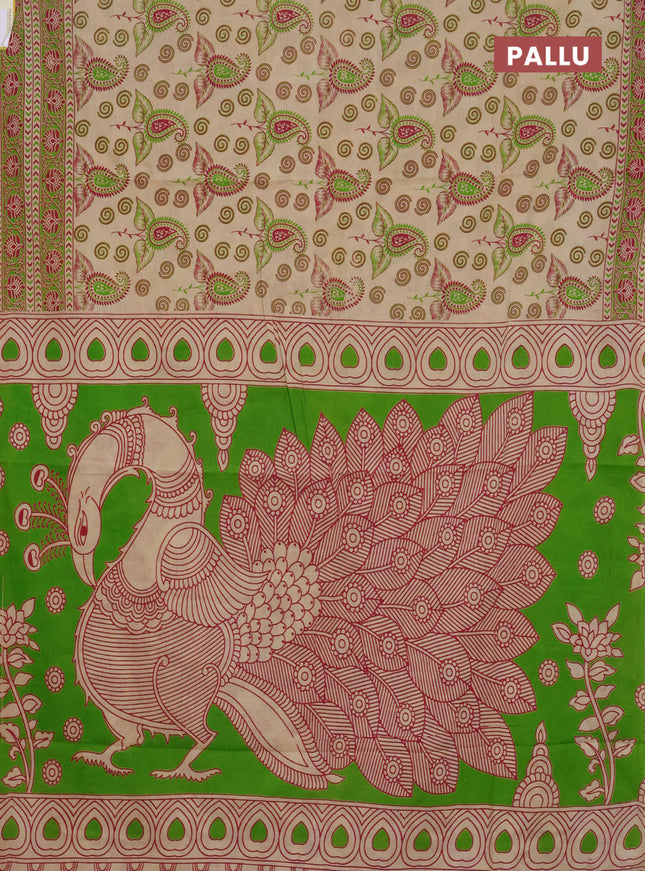 Kalamkari cotton saree beige and green with allover prints and printed border