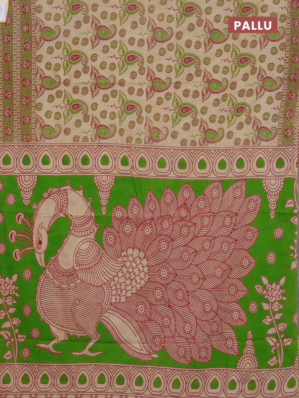 Kalamkari cotton saree beige and green with allover prints and printed border