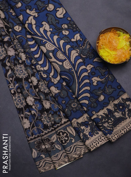 Kalamkari cotton saree black and grey with allover prints and printed border