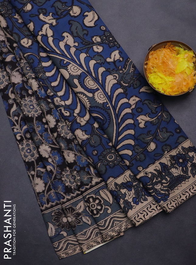 Kalamkari cotton saree black and grey with allover prints and printed border