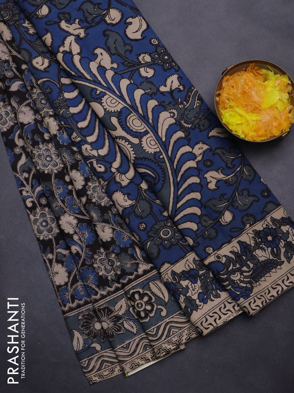 Kalamkari cotton saree black and grey with allover prints and printed border