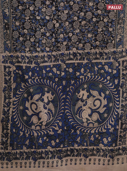 Kalamkari cotton saree black and grey with allover prints and printed border