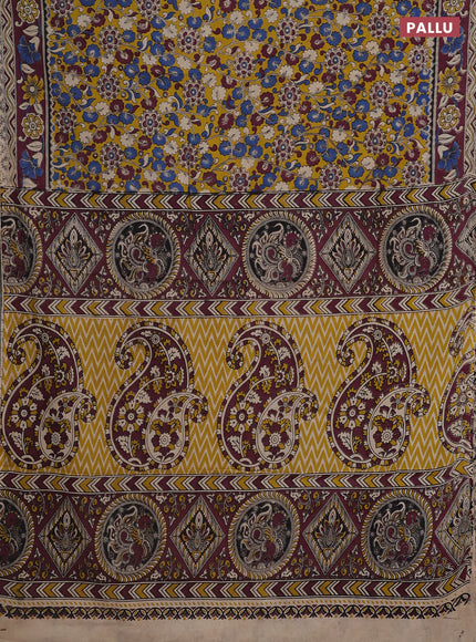 Kalamkari cotton saree yellow and wine shade with allover prints and printed border