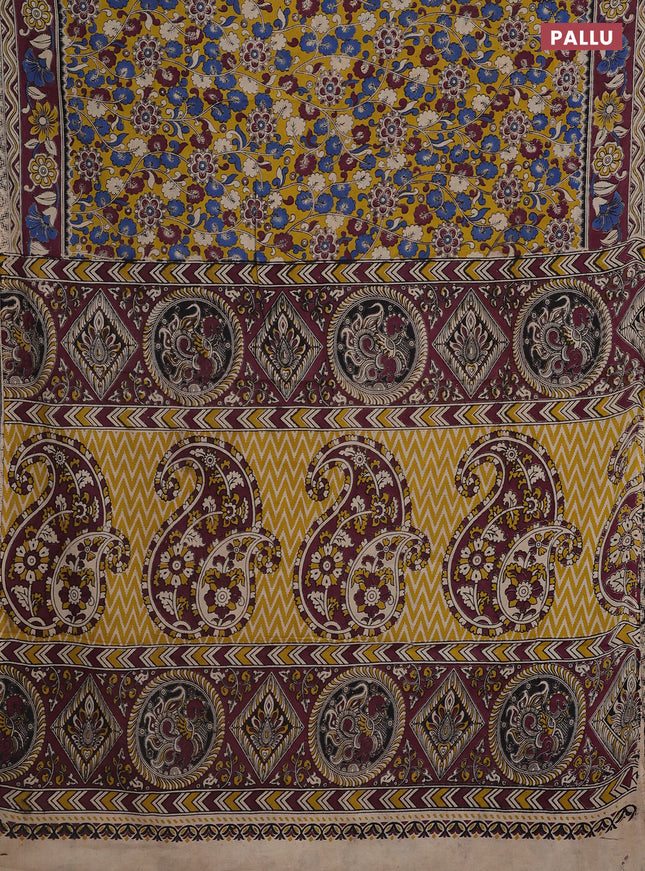 Kalamkari cotton saree yellow and wine shade with allover prints and printed border
