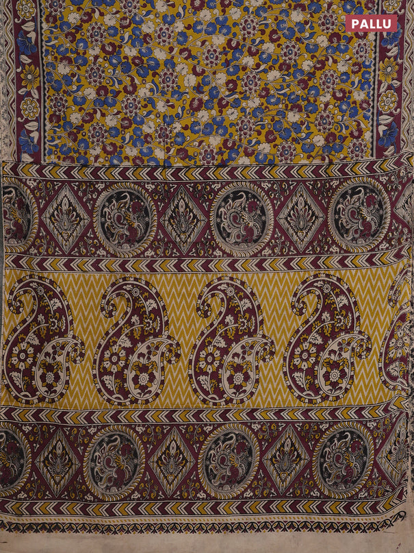 Kalamkari cotton saree yellow and wine shade with allover prints and printed border