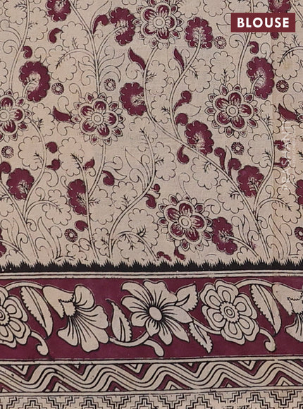 Kalamkari cotton saree yellow and wine shade with allover prints and printed border