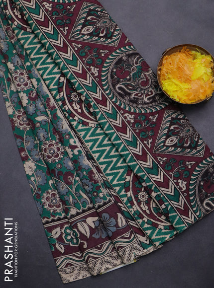 Kalamkari cotton saree teal green and wine shade with allover prints and printed border
