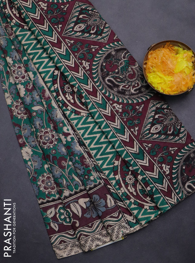 Kalamkari cotton saree teal green and wine shade with allover prints and printed border