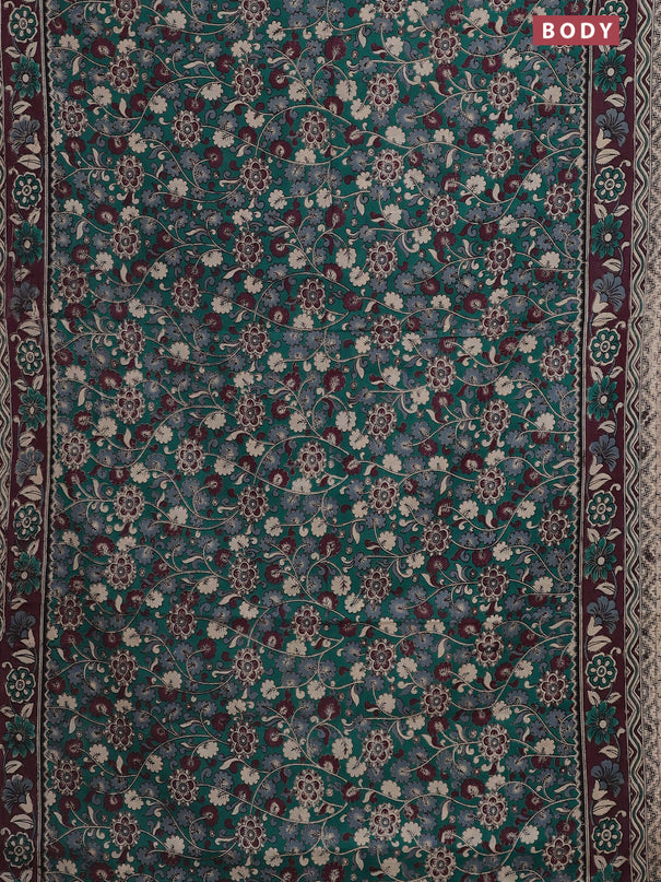 Kalamkari cotton saree teal green and wine shade with allover prints and printed border