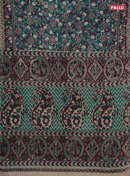 Kalamkari cotton saree teal green and wine shade with allover prints and printed border