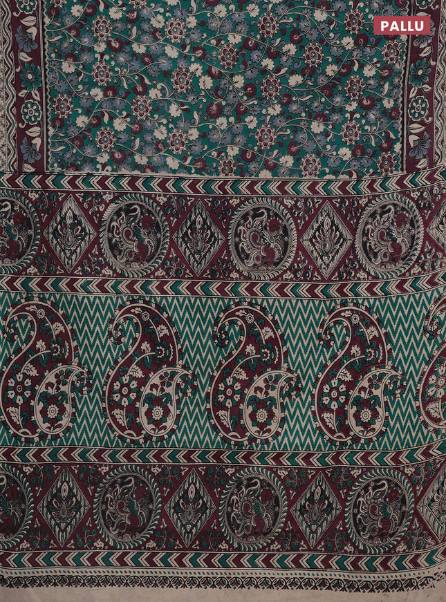 Kalamkari cotton saree teal green and wine shade with allover prints and printed border