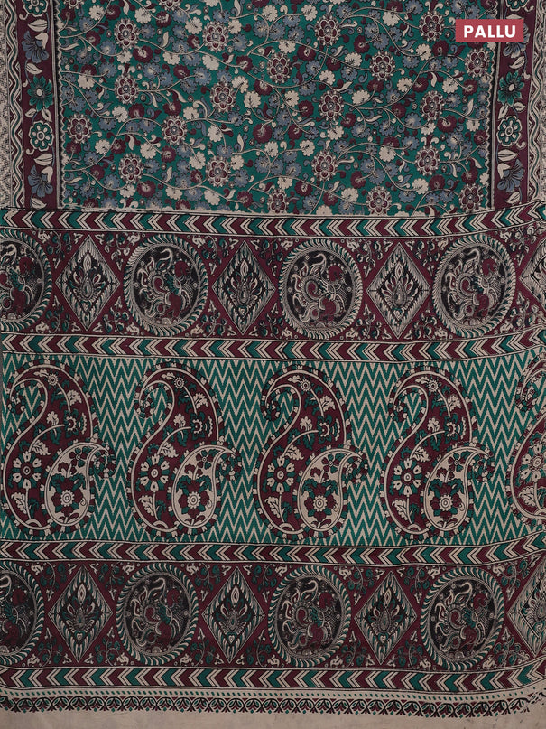 Kalamkari cotton saree teal green and wine shade with allover prints and printed border