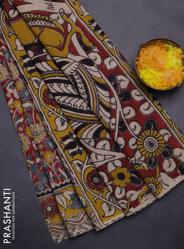 Kalamkari cotton saree maroon and yellow with allover prints and printed border