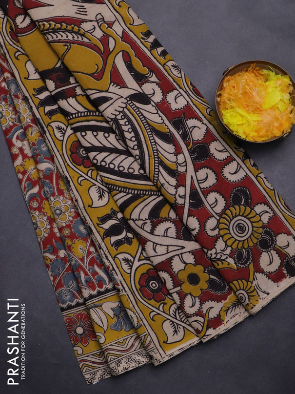 Kalamkari cotton saree maroon and yellow with allover prints and printed border