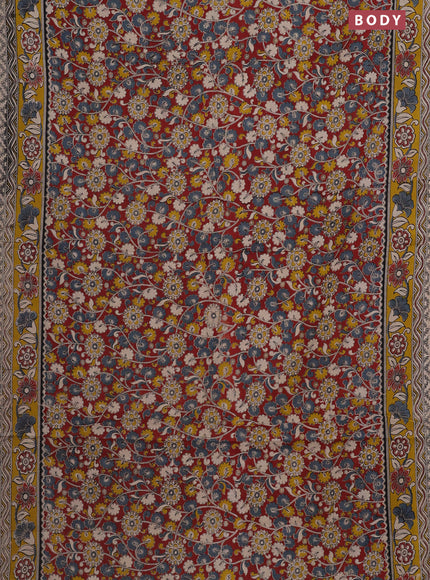 Kalamkari cotton saree maroon and yellow with allover prints and printed border