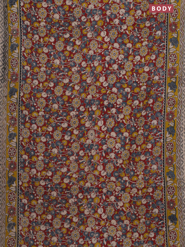 Kalamkari cotton saree maroon and yellow with allover prints and printed border