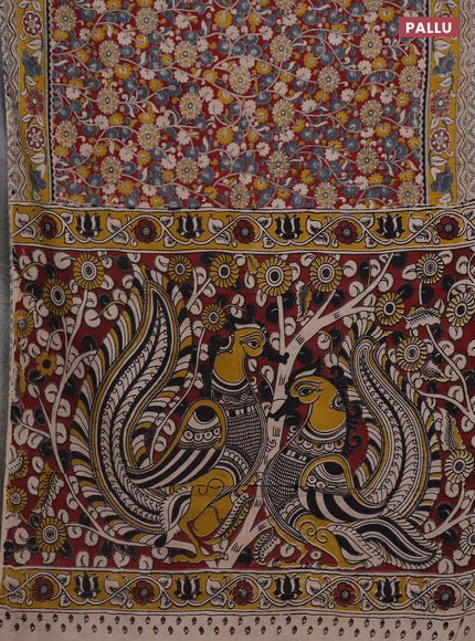 Kalamkari cotton saree maroon and yellow with allover prints and printed border