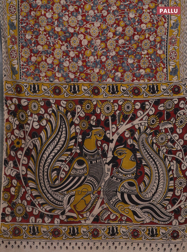 Kalamkari cotton saree maroon and yellow with allover prints and printed border