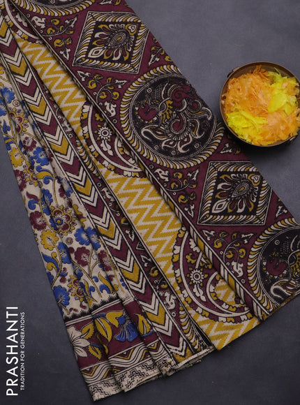 Kalamkari cotton saree beige and wine shade with allover prints and printed border