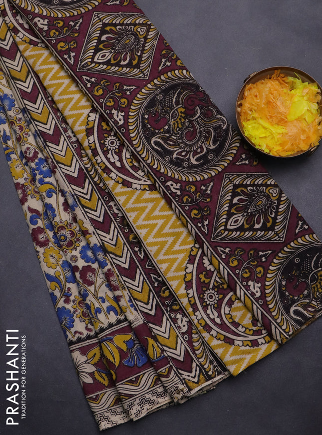 Kalamkari cotton saree beige and wine shade with allover prints and printed border