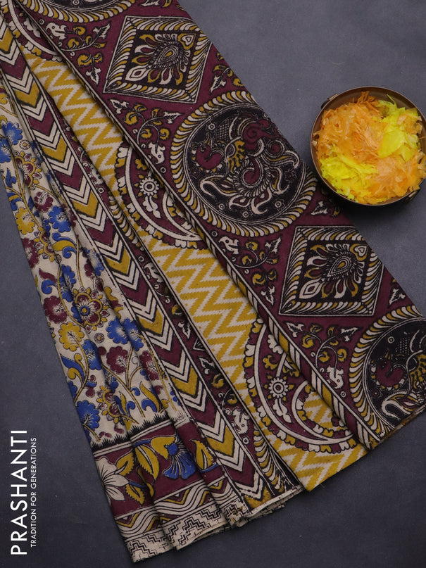 Kalamkari cotton saree beige and wine shade with allover prints and printed border