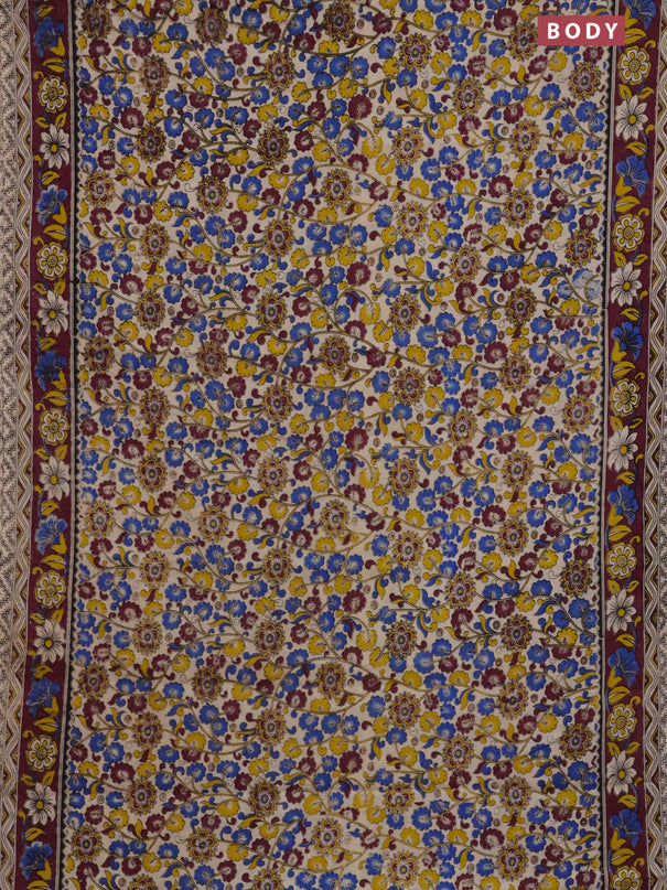 Kalamkari cotton saree beige and wine shade with allover prints and printed border