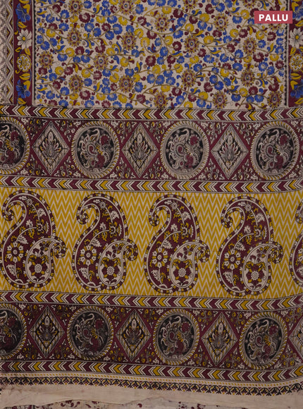 Kalamkari cotton saree beige and wine shade with allover prints and printed border