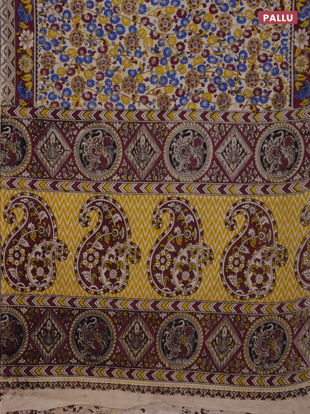 Kalamkari cotton saree beige and wine shade with allover prints and printed border