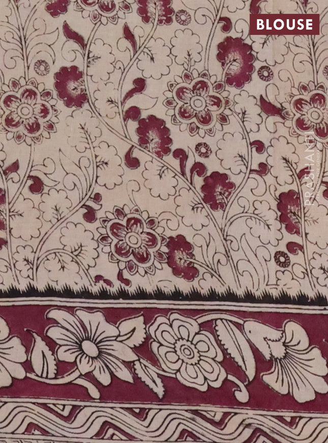 Kalamkari cotton saree beige and wine shade with allover prints and printed border
