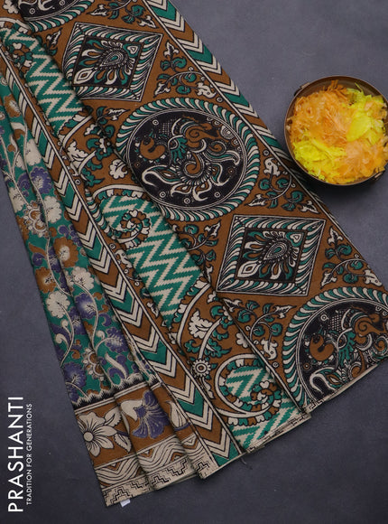 Kalamkari cotton saree teal green and dark mustard with allover prints and printed border