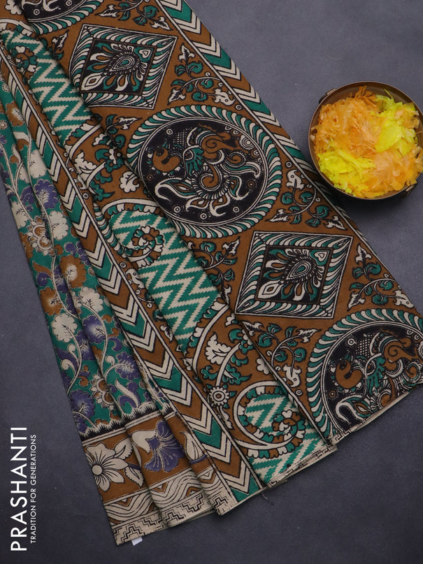 Kalamkari cotton saree teal green and dark mustard with allover prints and printed border