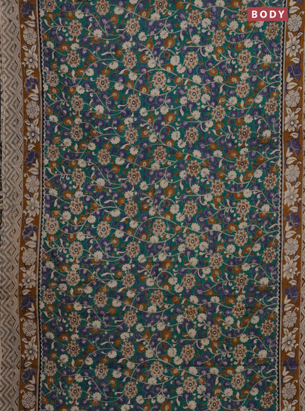 Kalamkari cotton saree teal green and dark mustard with allover prints and printed border