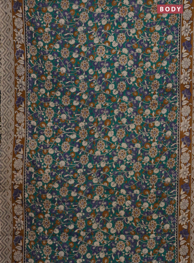 Kalamkari cotton saree teal green and dark mustard with allover prints and printed border