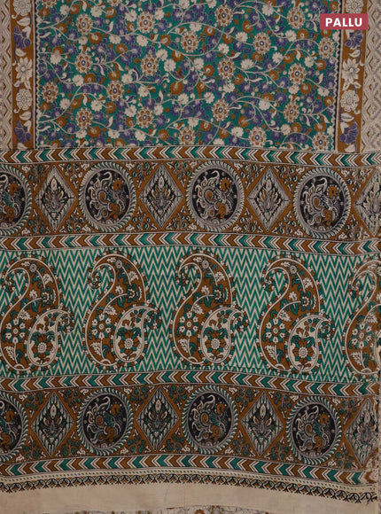 Kalamkari cotton saree teal green and dark mustard with allover prints and printed border