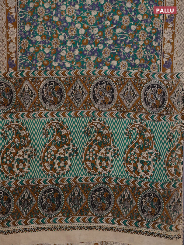 Kalamkari cotton saree teal green and dark mustard with allover prints and printed border