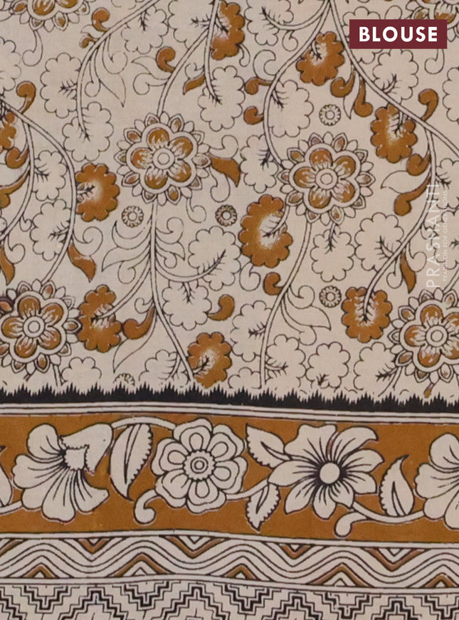 Kalamkari cotton saree teal green and dark mustard with allover prints and printed border