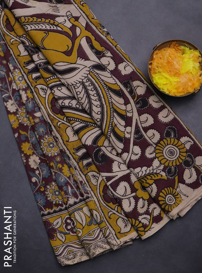 Kalamkari cotton saree wine shade and yellow with allover prints and printed border